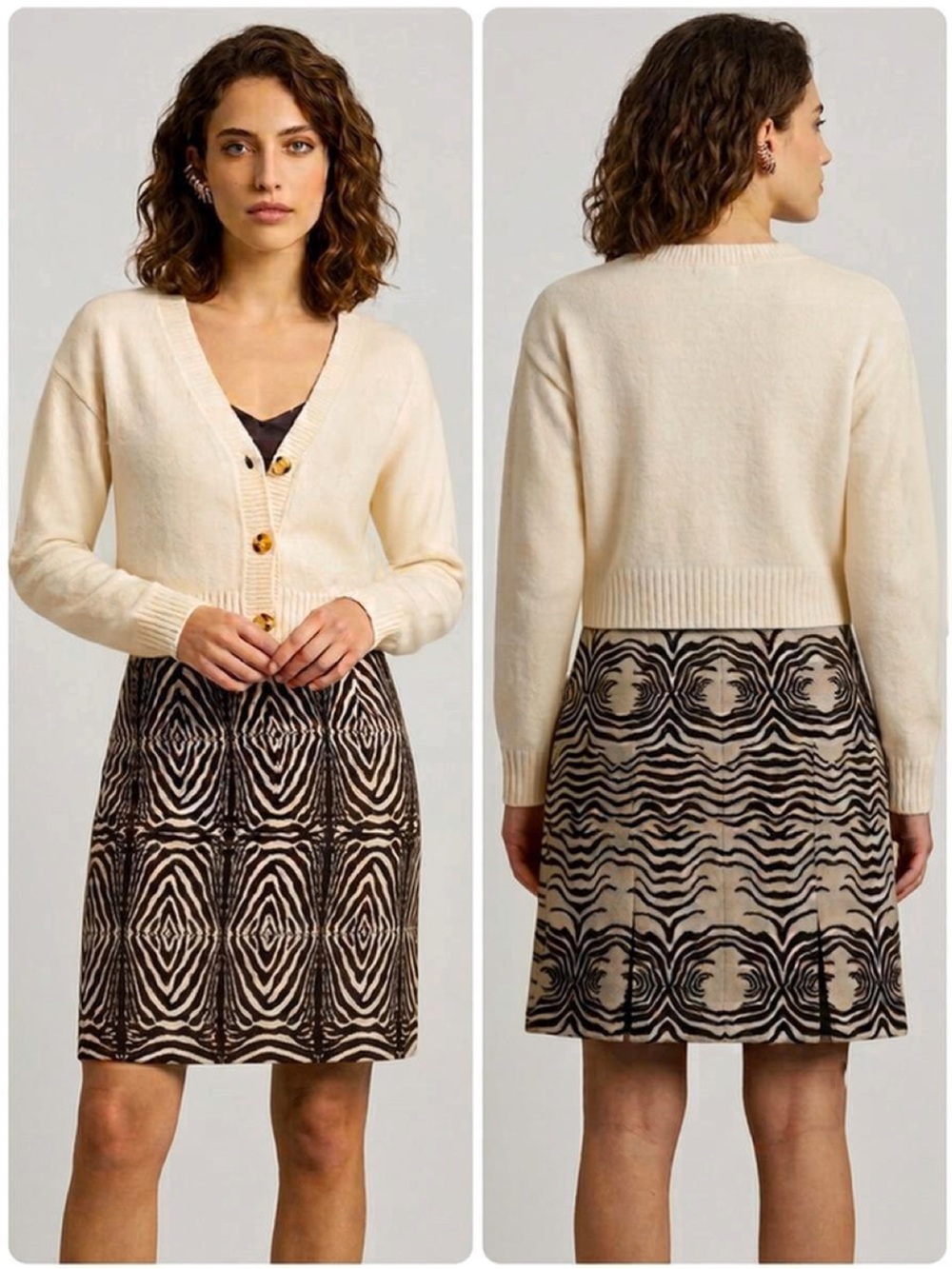 Etcetera Abstract Zebra Ikat Style Wool Blend Skirt Size 0 Brown Ivory